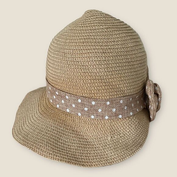 Cute Womens Fedora Straw Hat Clutch Bucket Polka Dot Bow Band Tan White Feminine - Picture 4 of 8